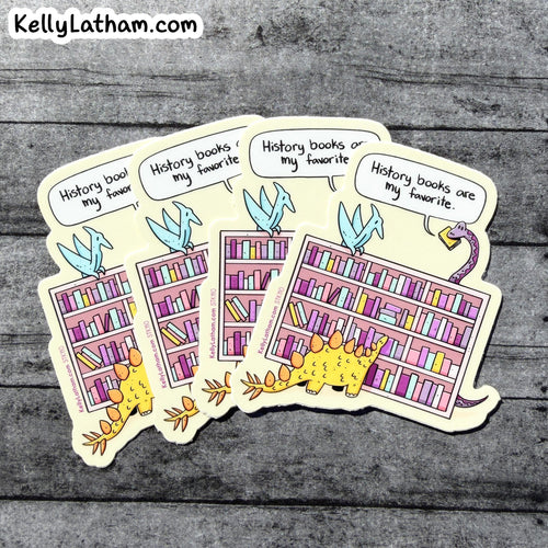 Four cartoon dinosaur bookshelf stickers arranged in a fan shape on a gray wood plank background. The stickers feature colorful bookshelves filled with books, blue birds, and dinosaurs, with speech bubbles reading 'History books are my favorite.