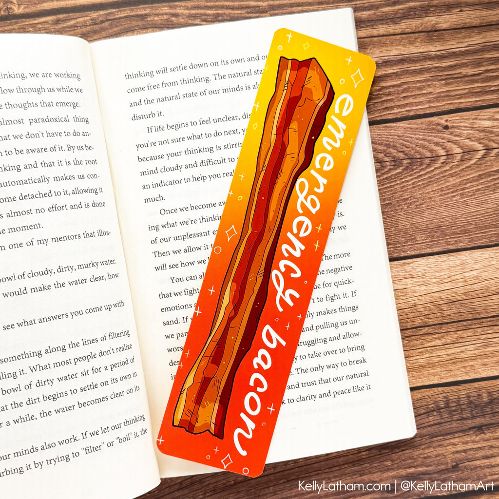 Bookmark with bacon illustration on a book that reads "emergency bacon"