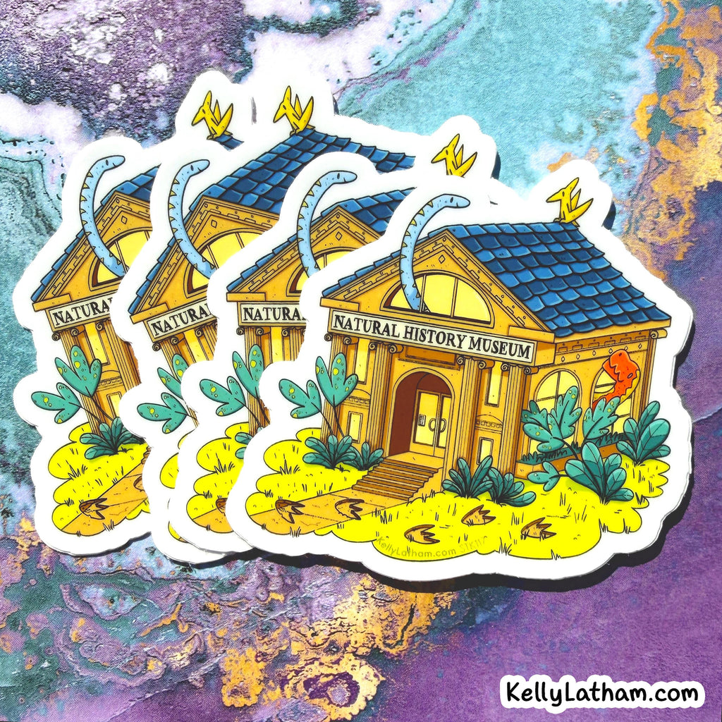 Four illustrated die-cut stickers showing a cartoon natural history museum building, arranged overlapping on a marbled purple, blue, and gold background. The stickers include the text 'Natura History Museum' and have a white border with black outlines.