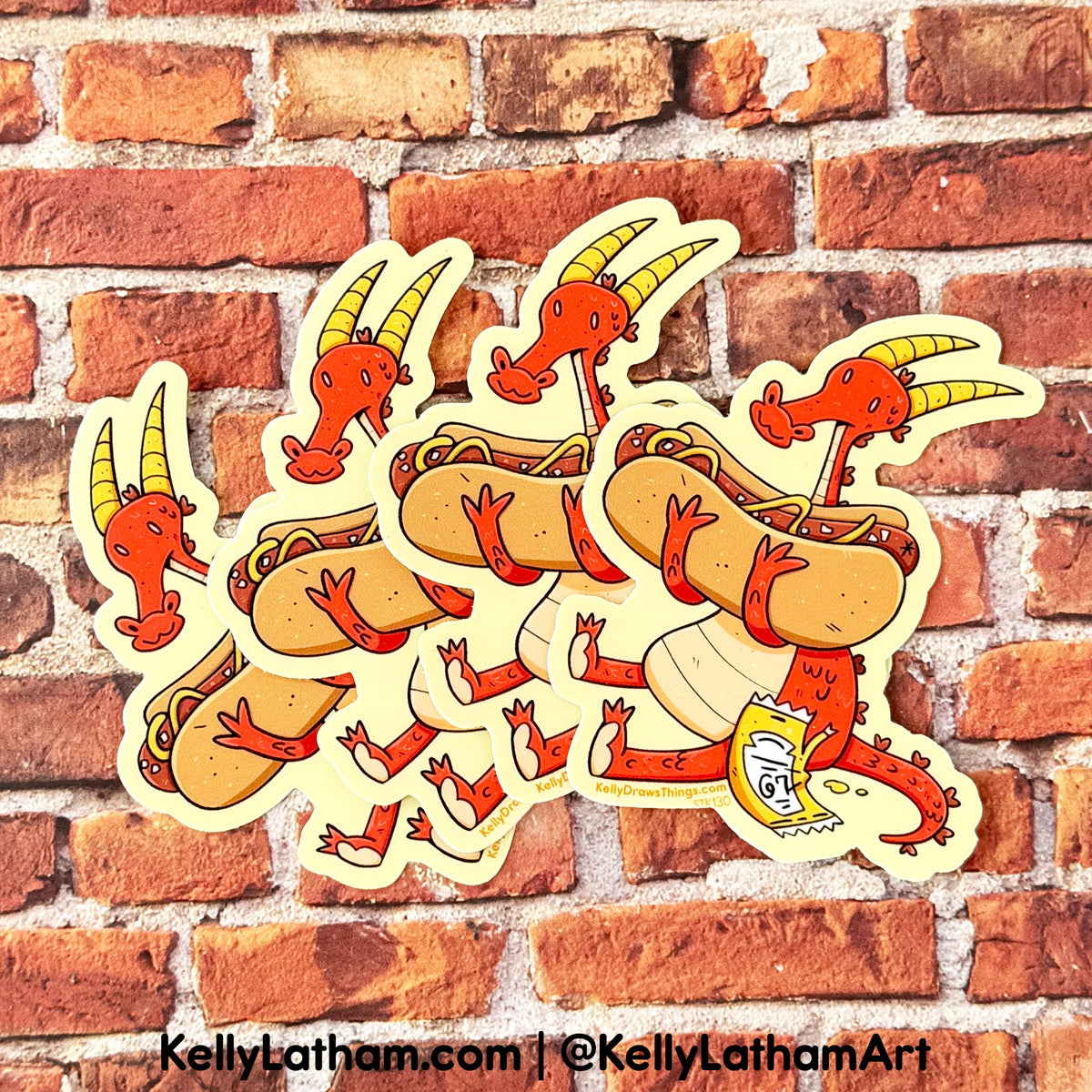Cartoon hot dogs with mustard on a brick wall background, featuring the artist's website and social media handle.