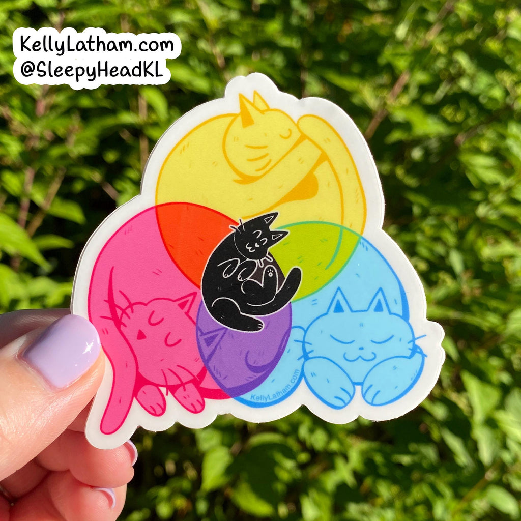 A hand holds a die-cut sticker featuring four cartoon cats in pink, yellow, blue, and purple, with a small black cat in the center, against a blurred green outdoor background. A white label in the top left reads 'KellyLatham.