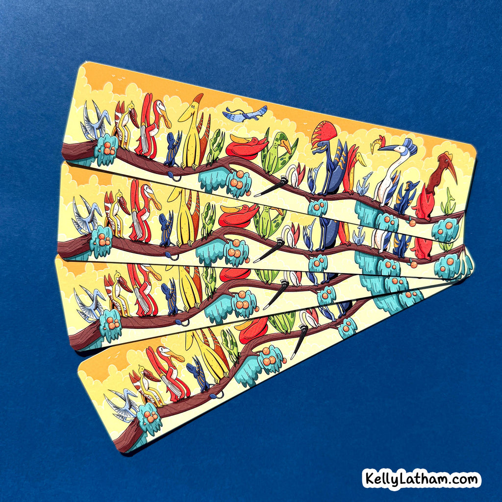 Three illustrated rectangular cards or tiles fanned out on a solid blue background. The cards feature a whimsical multicolor design with red, blue, yellow, green, and brown elements on a pale yellow base.