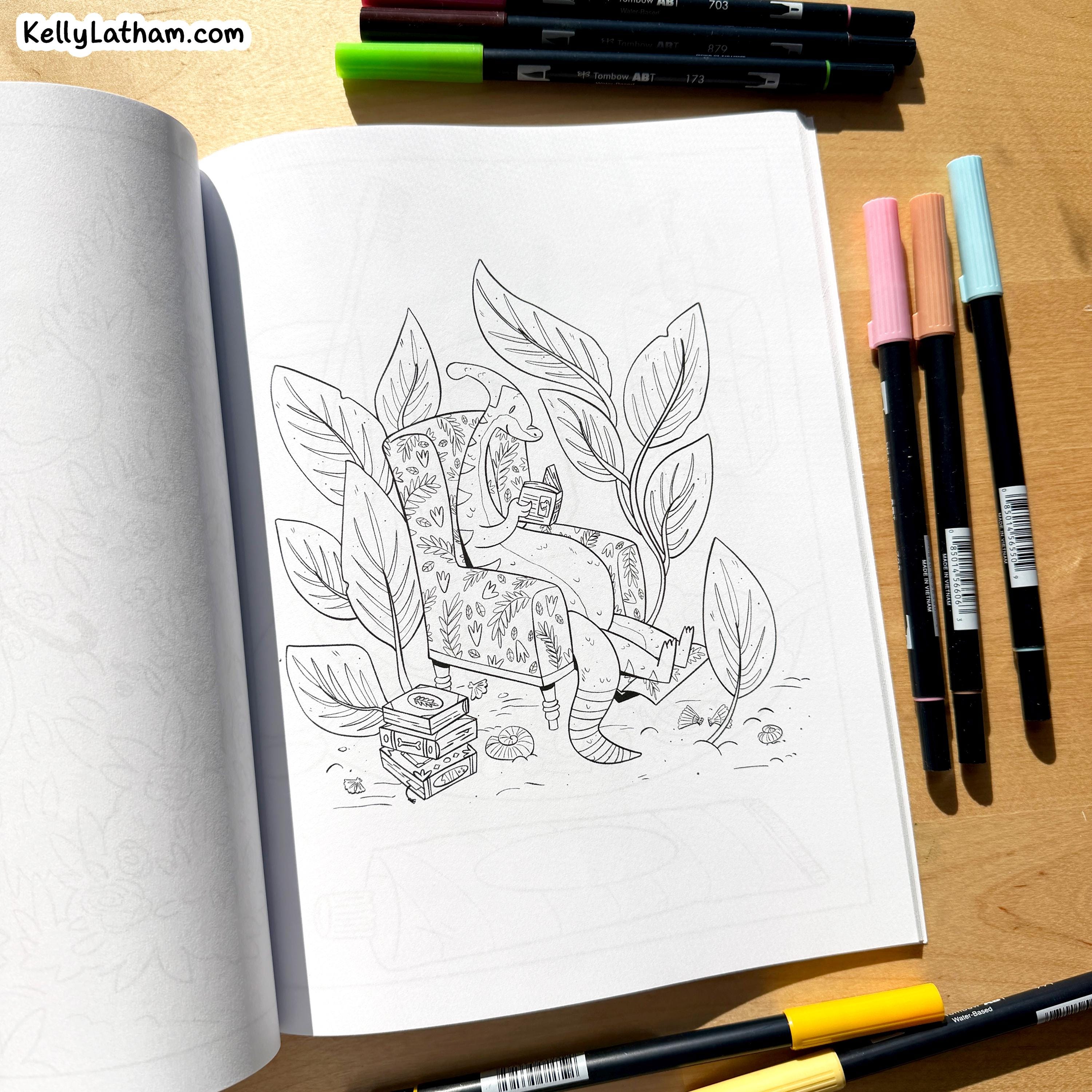 An open sketchbook or coloring book on a wooden surface, showing a black-and-white line drawing of a person sitting in a chair among illustrated leaves. Several colored markers are placed around the book, and the brand/site text KellyLatham.