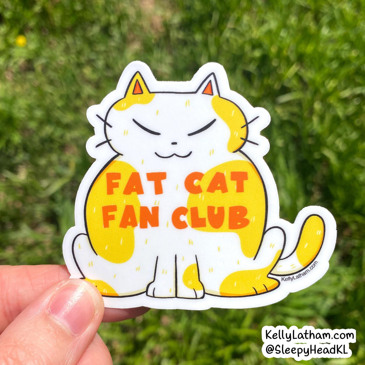 A hand holds a die-cut sticker of a cartoon cat with yellow patches and orange text reading 'FAT CAT FAN CLUB' against a blurred green grass background.