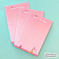 Three pink lined notepads with a star border and circus-themed illustrations, arranged on a light blue background. The notepads feature the text 'What's the plan?' and a small watermark in the bottom right corner reading 'KellyLatham.