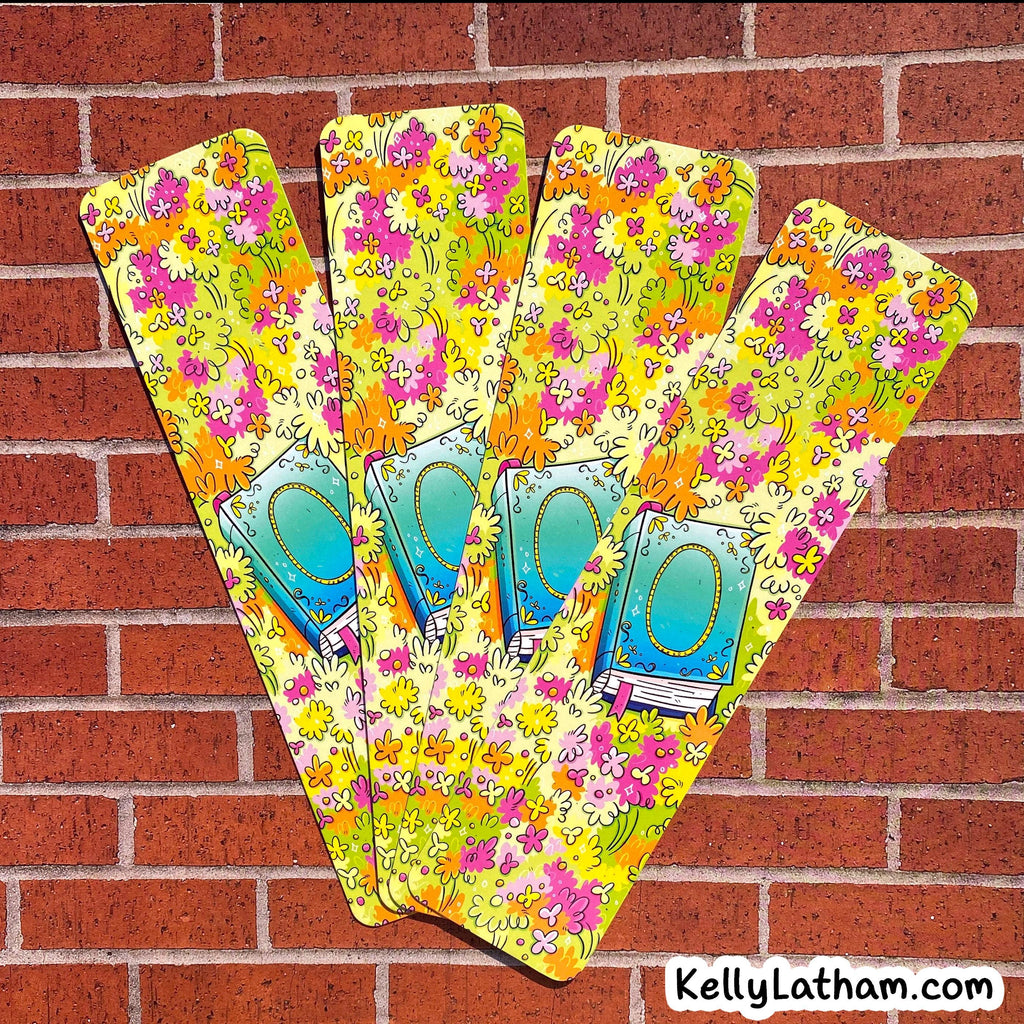 Four colorful card sleeves or envelopes with a floral pattern, arranged in a fan shape against a red brick wall background. The sleeves feature illustrations of blue envelopes and yellow flowers.