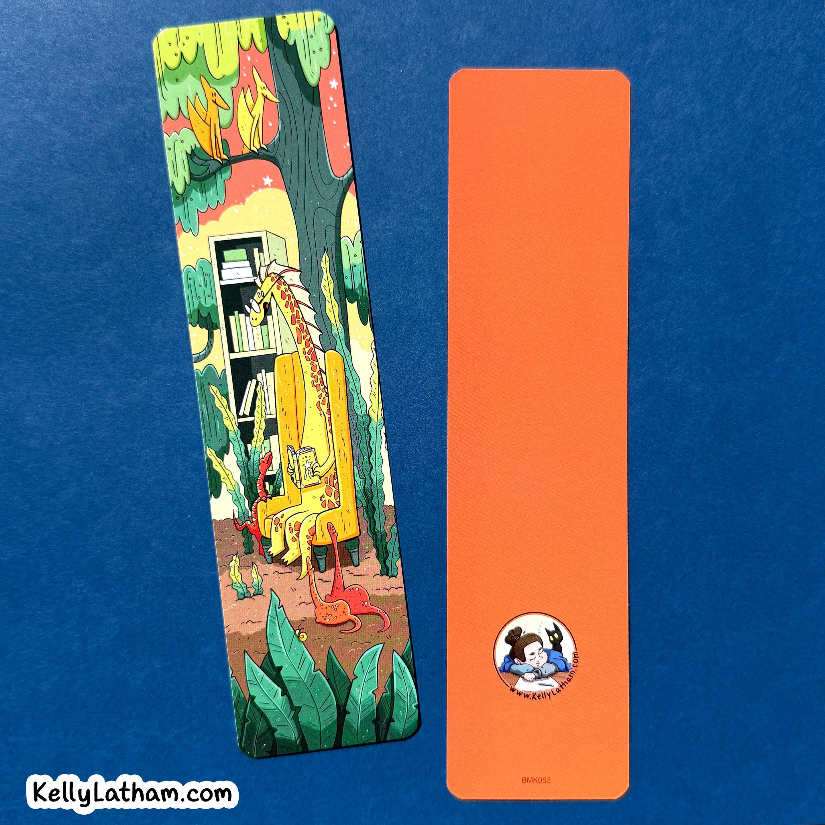 Two rectangular bookmarks a textured blue background. The left piece is illustrated with a giraffe, bookshelf, trees, and plants in green, yellow, orange, and brown tones.