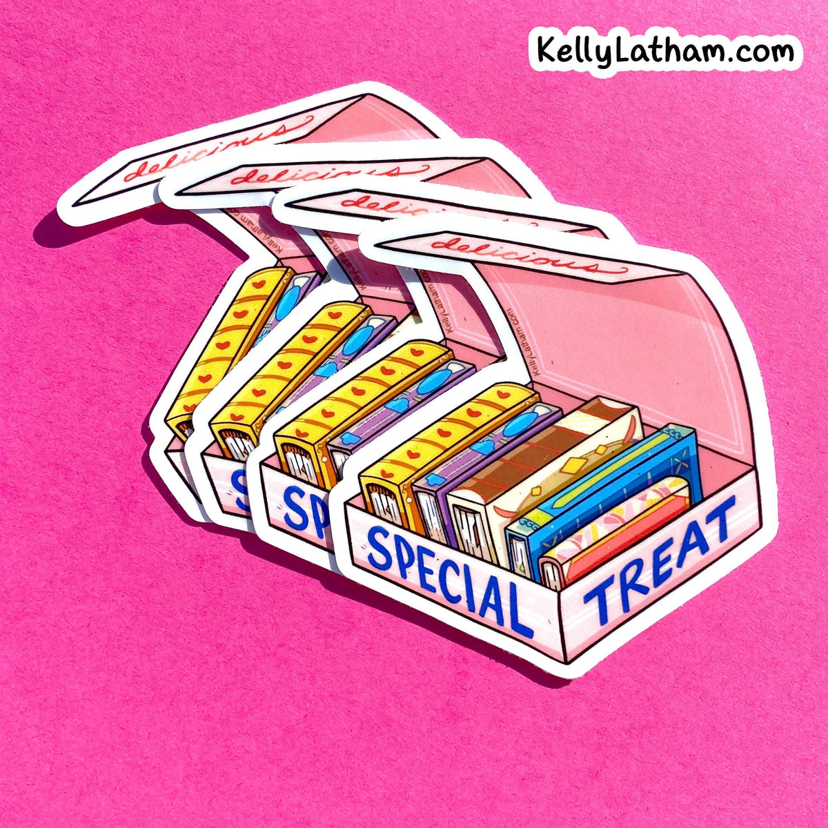 A die-cut sticker depicting an open pink 'SPECIAL TREAT' box filled with colorful illustrated candy bars, shown on a bright pink textured background. The brand name 'KellyLatham.