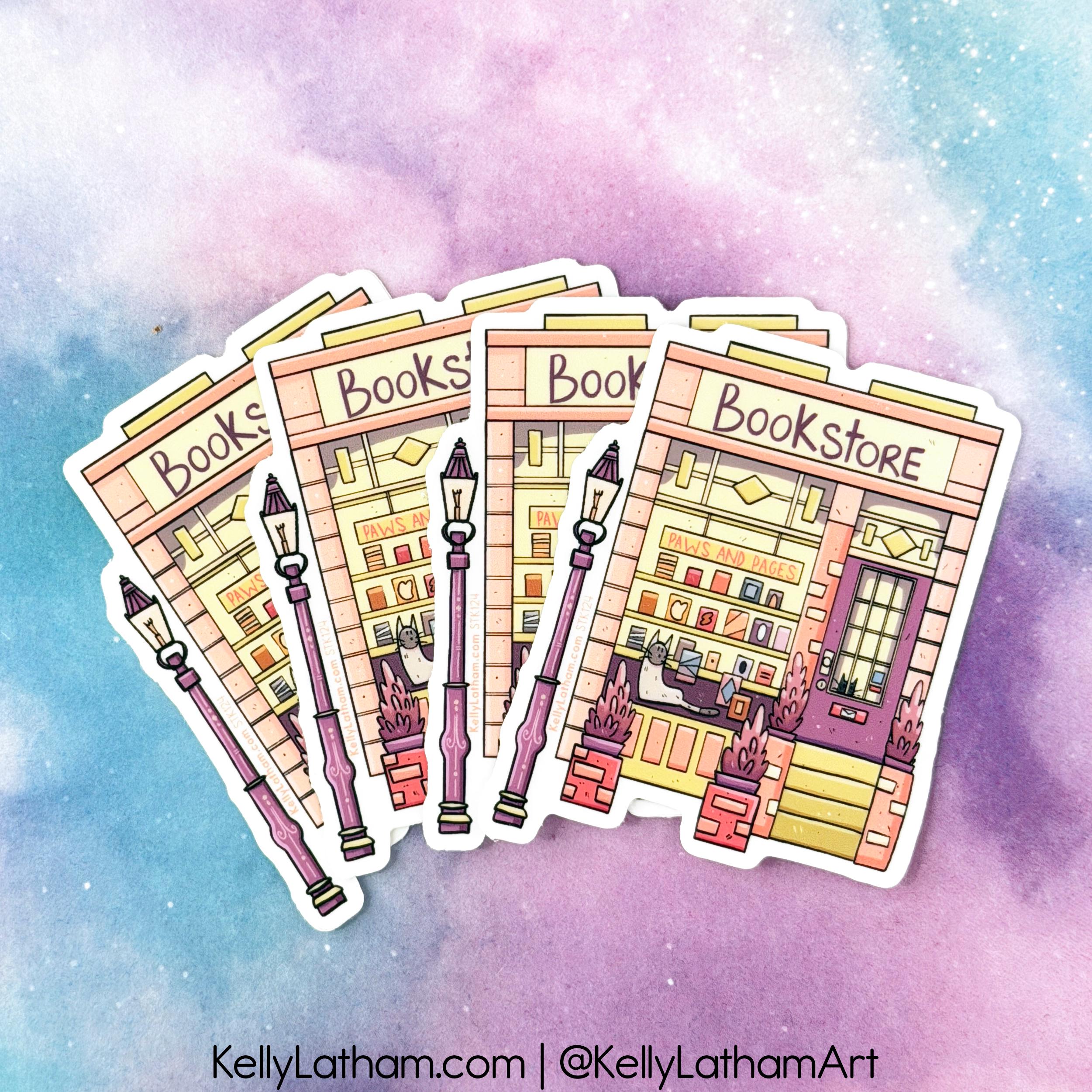 Four illustrated die-cut stickers showing a whimsical bookstore storefront with street lamps, fanned out on a pastel watercolor background. The stickers have a white border and the text 'Books Bookstore' appears on the shop signs.