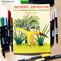 Jurassic Jamboree coloring book by Kelly Latham, featuring a yellow dinosaur illustration on the cover, surrounded by multiple colored markers on a light wood surface.