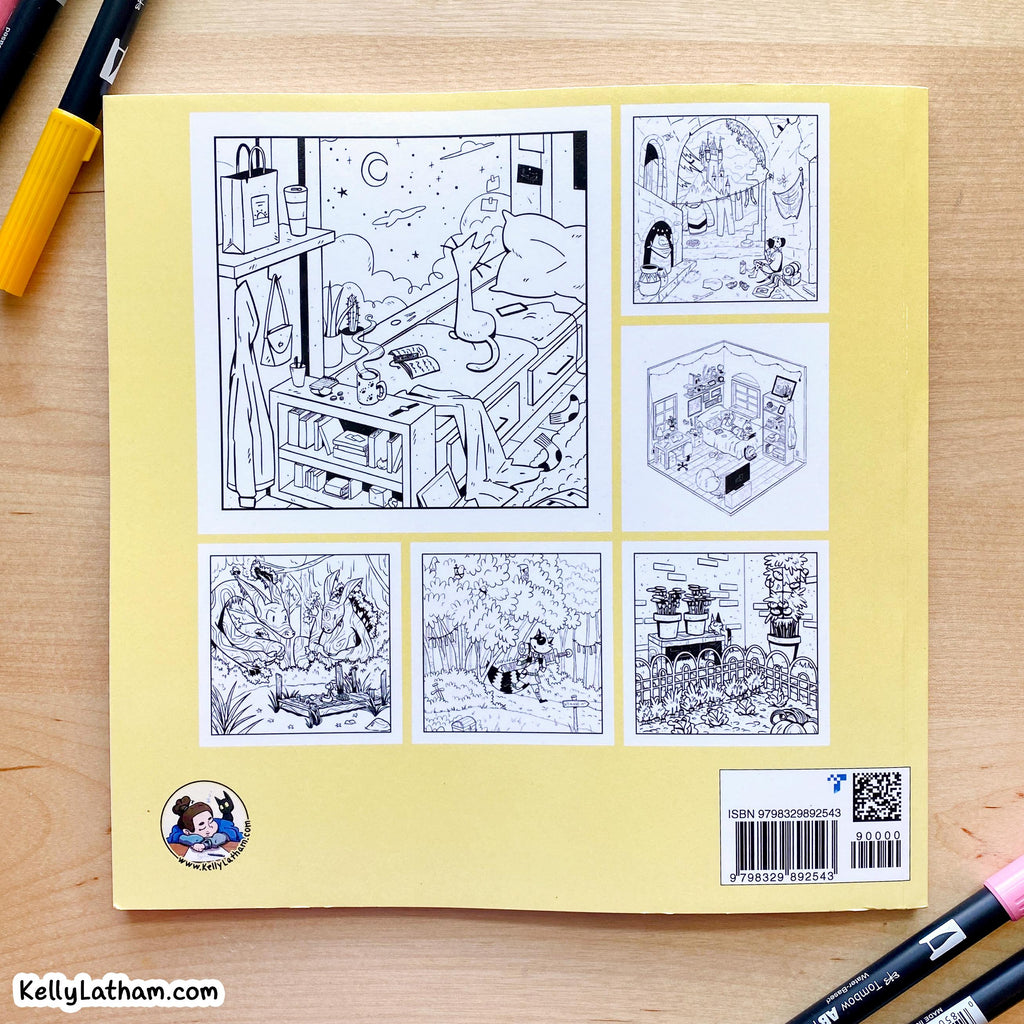 A yellow square art print or sticker sheet with six black-and-white cartoon illustrations arranged in a grid, photographed on a wooden desk with markers around the edges. A small circular logo and barcode are printed at the bottom.