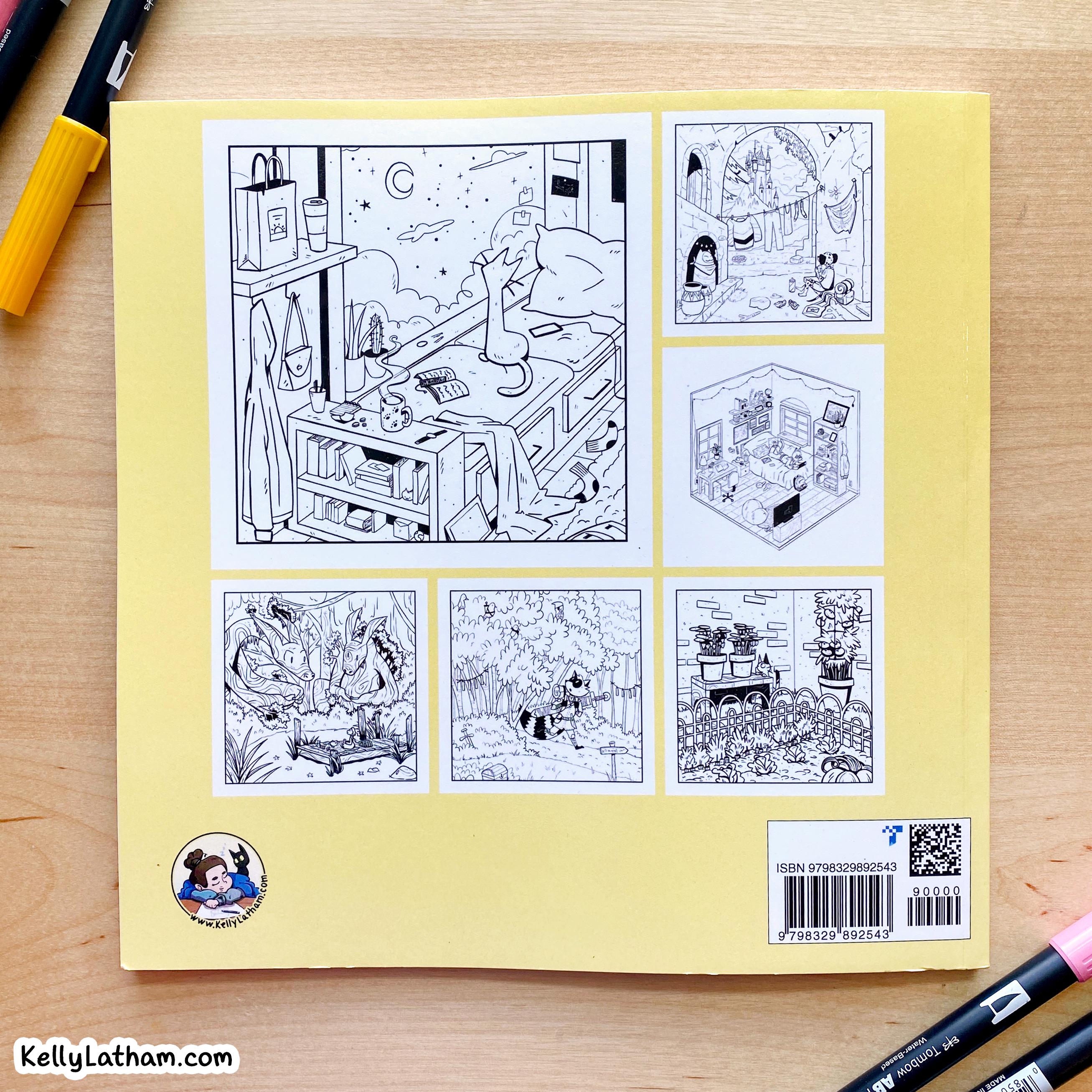A yellow square art print or sticker sheet with six black-and-white cartoon illustrations arranged in a grid, photographed on a wooden desk with markers around the edges. A small circular logo and barcode are printed at the bottom.