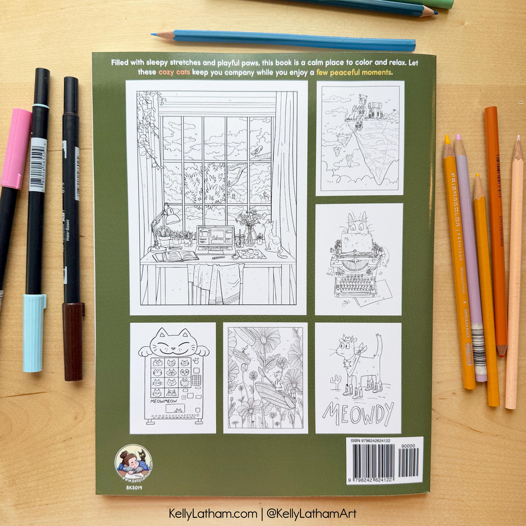 The back cover of a coloring book titled 'MEOWDY' by Kelly Latham, displayed on a light wood background with colored pencils and markers arranged around it.