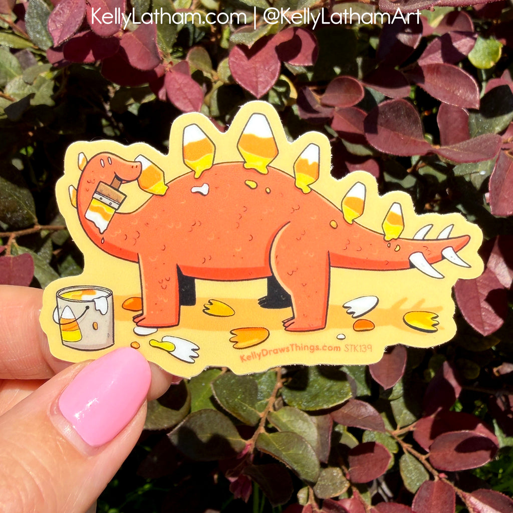 Candy Corn Stegosaurus Halloween Sticker | Cute Fall Dinosaur Vinyl Sticker