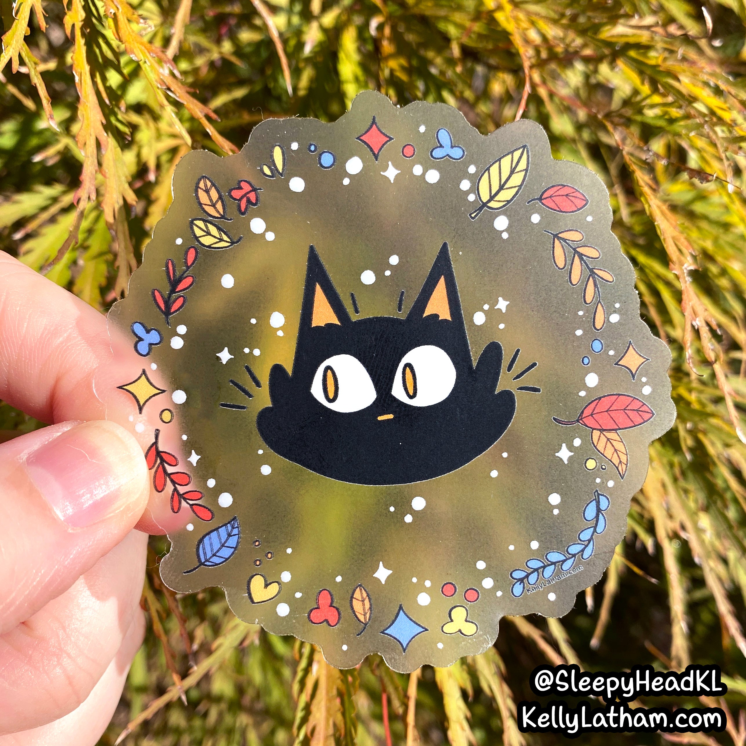 Fall Leaves Cat Sticker | Cute Black Cat Autumn Vinyl Sticker