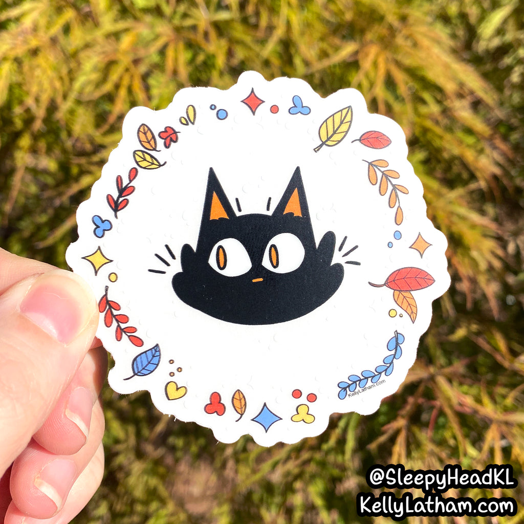 Fall Leaves Cat Sticker | Cute Black Cat Autumn Vinyl Sticker
