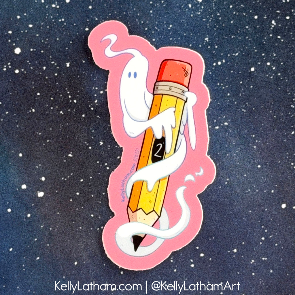 Ghost Writer Halloween Sticker | Cute Ghost Pencil Vinyl Sticker for Artists