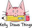 Cartoon cat holding a pencil with 'KDT' on it, and text 'Kelly Draws Things' below.