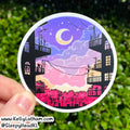 Colorful Night Sky Sticker | Crescent Moon Cityscape Vinyl Sticker