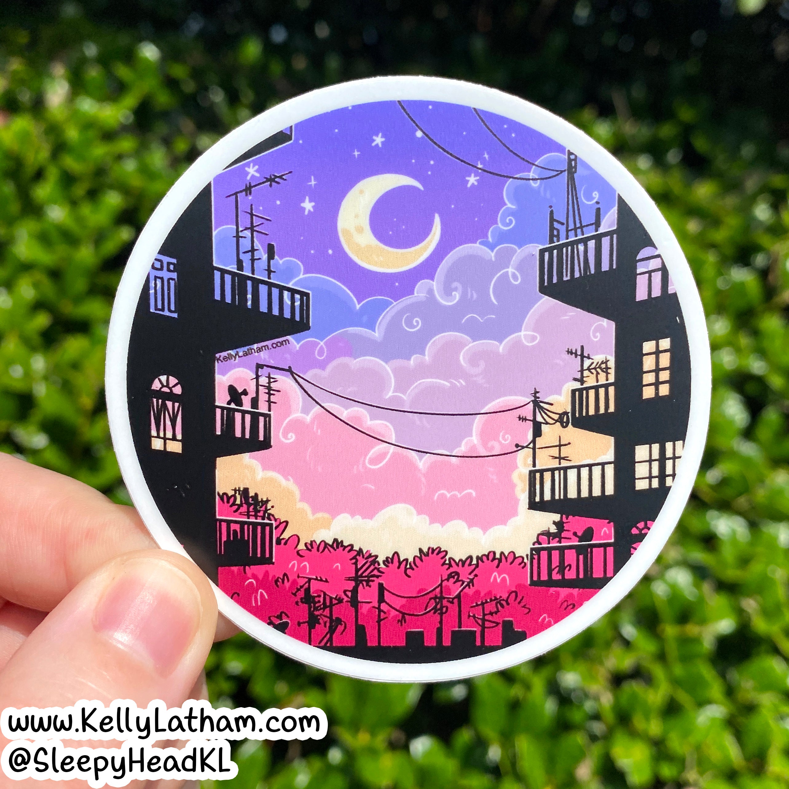 Colorful Night Sky Sticker | Crescent Moon Cityscape Vinyl Sticker