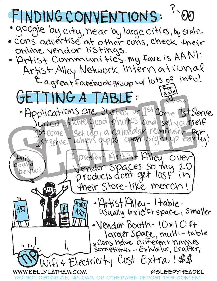 A hand-drawn style informational poster about conventions and table booking, with text sections, bullet points, a cartoon booth setup, and a large diagonal 'SLEEPYHEADKCL' watermark across the center.