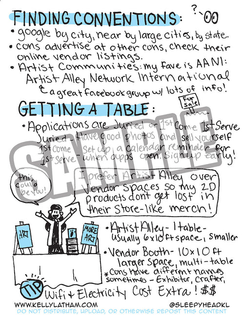 A hand-drawn style informational poster about conventions and table booking, with text sections, bullet points, a cartoon booth setup, and a large diagonal 'SLEEPYHEADKCL' watermark across the center.