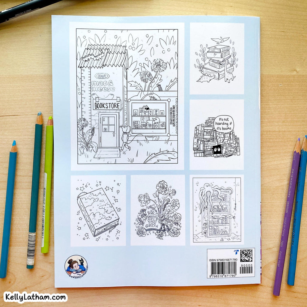 A coloring book page featuring six black and white cartoon illustrations of books and a book store, laid flat on a light wood desk with colored pencils around it.