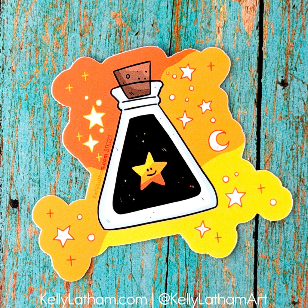 Decorative sticker of a potion bottle with stars on a textured blue background