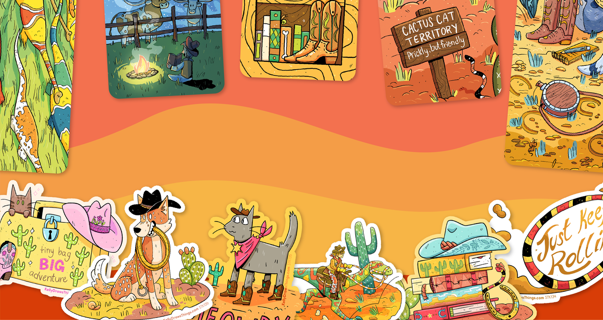 A colorful illustrated collage of western-themed stickers and art panels, including a cowboy dog, a cat in a hat, cactus motifs, boots, a campfire scene, and the text 'Just Keep Rollin''.
