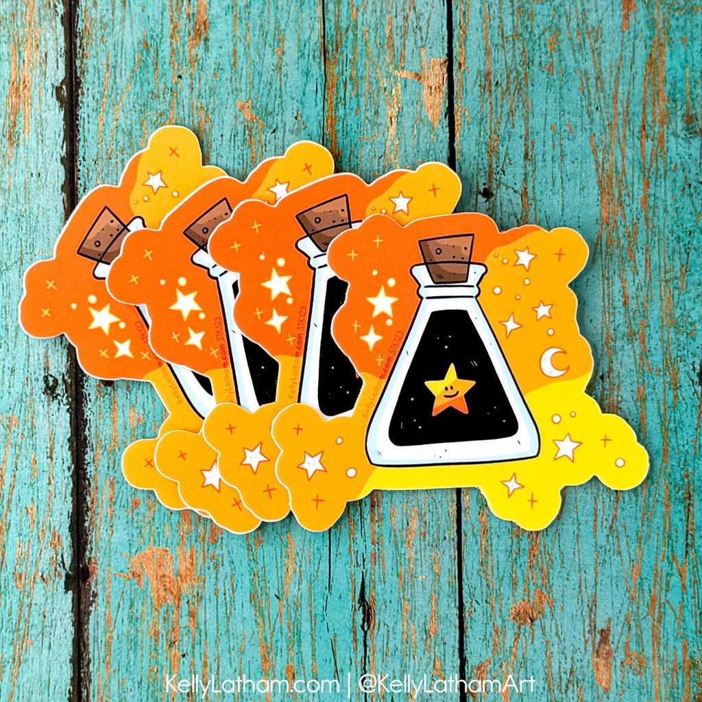 A set of five die-cut stickers featuring a whimsical illustration of a white potion bottle with a smiling yellow star inside, surrounded by orange and yellow clouds with white stars, displayed on a rustic turquoise wooden background.