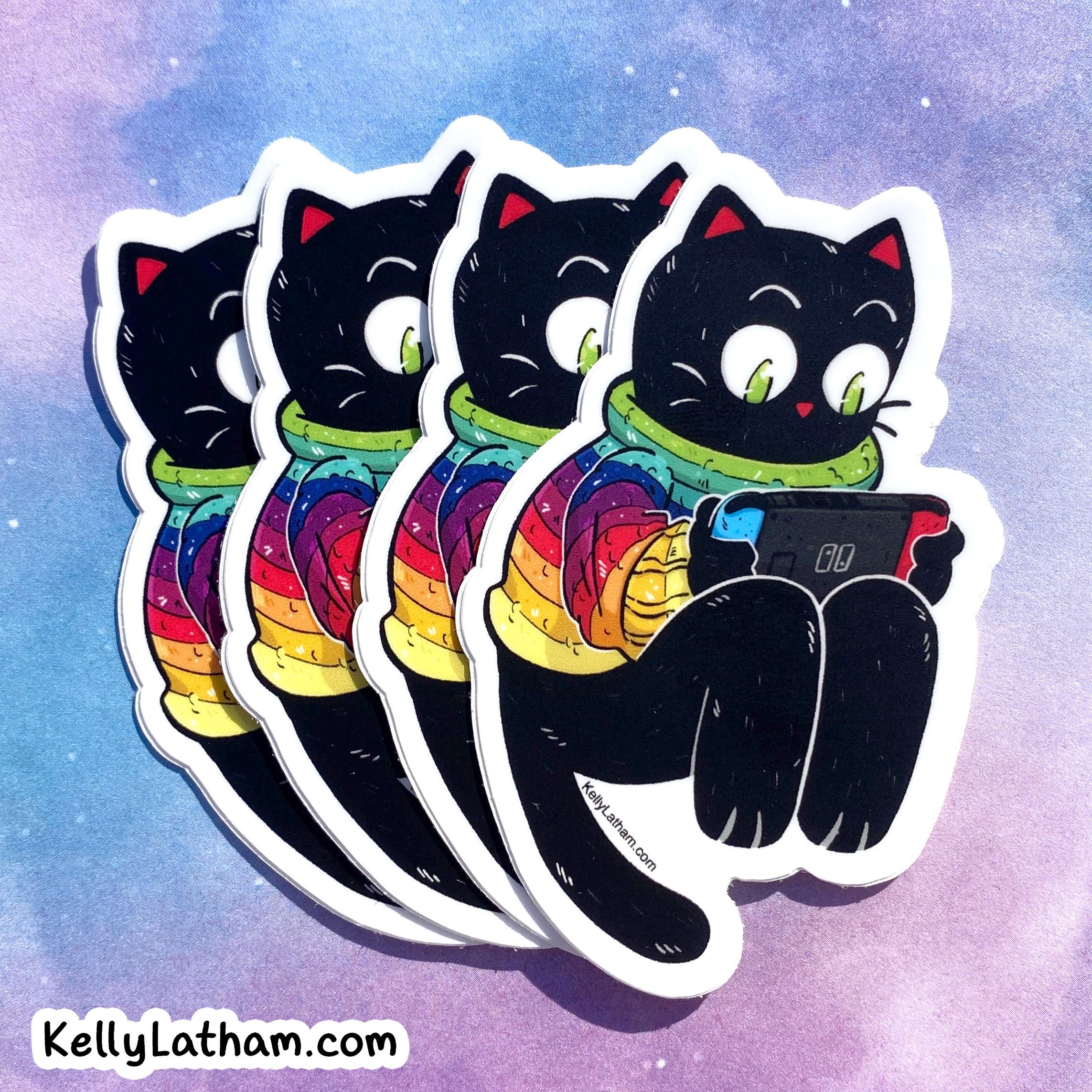 Four identical die-cut stickers of a black cat wearing a rainbow-striped sweater and green scarf, holding a tablet, arranged in a fan shape against a purple and blue watercolor background. The text 'KellyLatham.