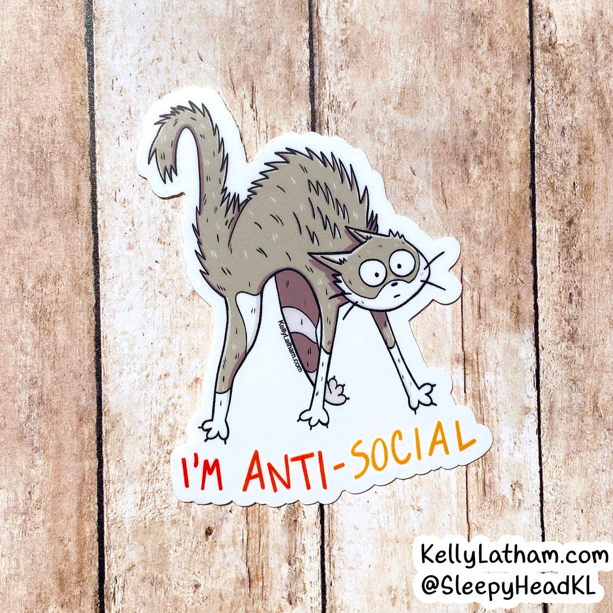 A die-cut sticker featuring a cartoon cat with its back turned and the text 'I'M ANTI-SOCIAL' in red and orange lettering, placed on a rustic wood plank background. A small watermark in the bottom right reads KellyLatham.