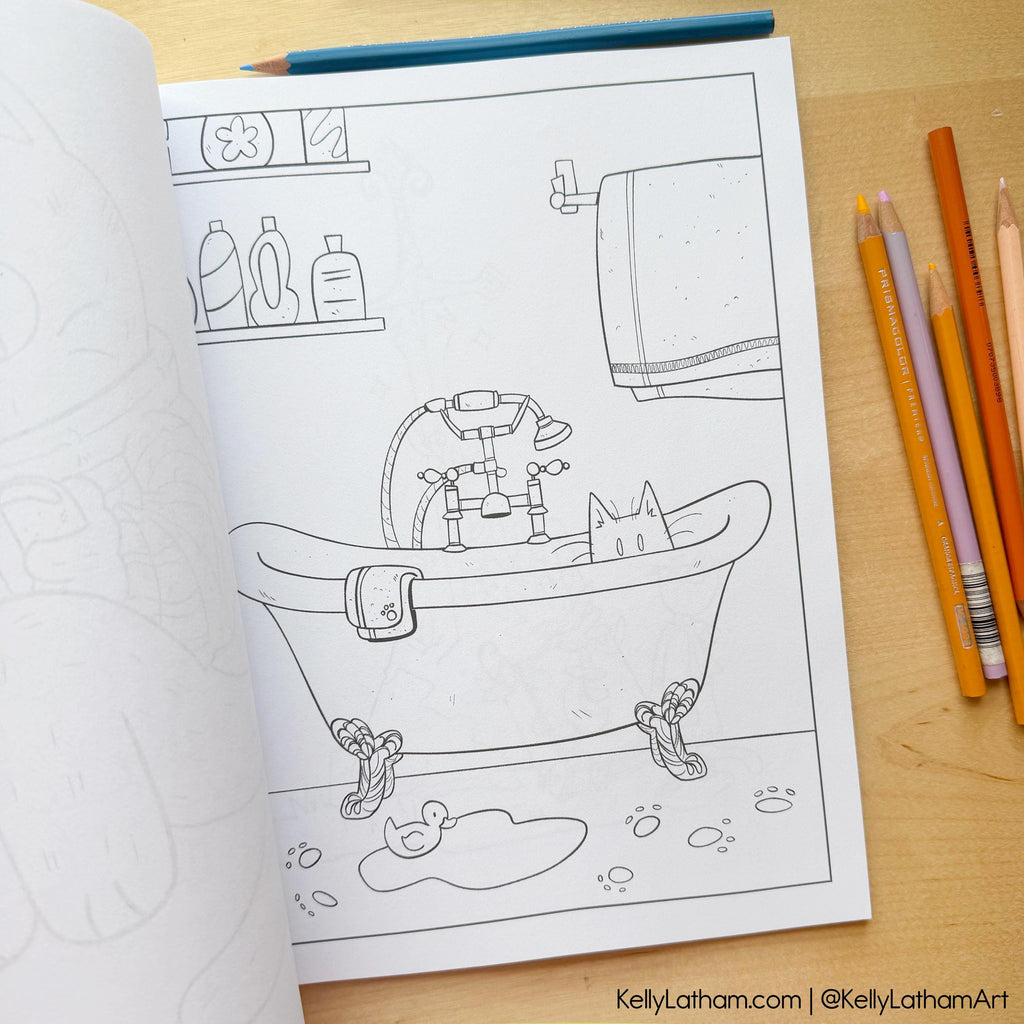 An open coloring book or art page showing a black-and-white line drawing of a bathtub scene, placed on a wooden surface with colored pencils around it. The visible text at the bottom reads KellyLatham.