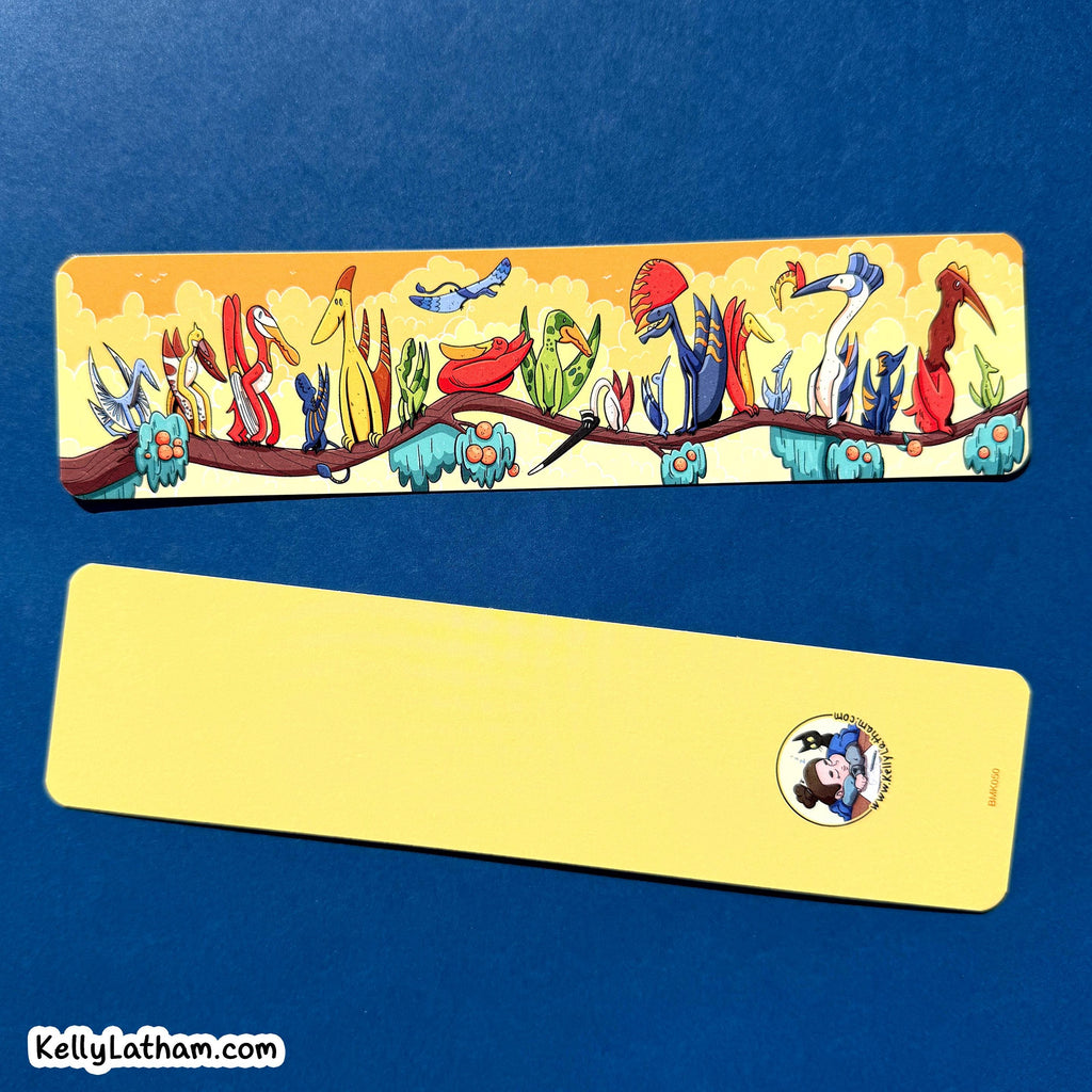 Two rectangular bookmarks on a blue background. The top bookmark has a colorful illustrated scene with birds and plants on a yellow-orange sky, and the bottom bookmark is solid pale yellow with a small circular logo near the right edge.