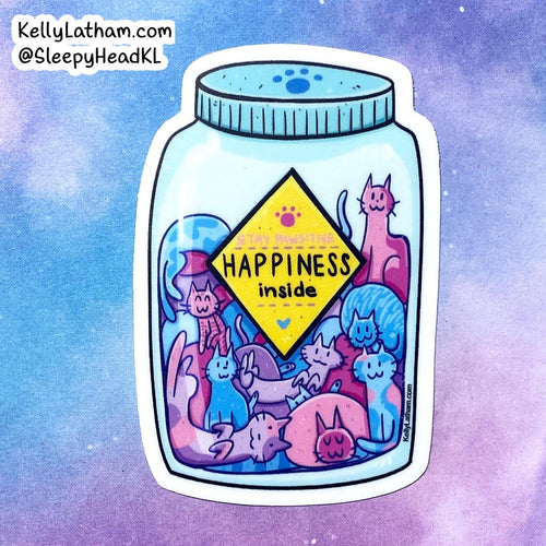 A die-cut sticker featuring a cartoon jar filled with colorful cats and dogs under a yellow sign that reads 'HAPPINESS inside.' The sticker is shown against a pastel blue and purple watercolor background, with the text 'KellyLatham.