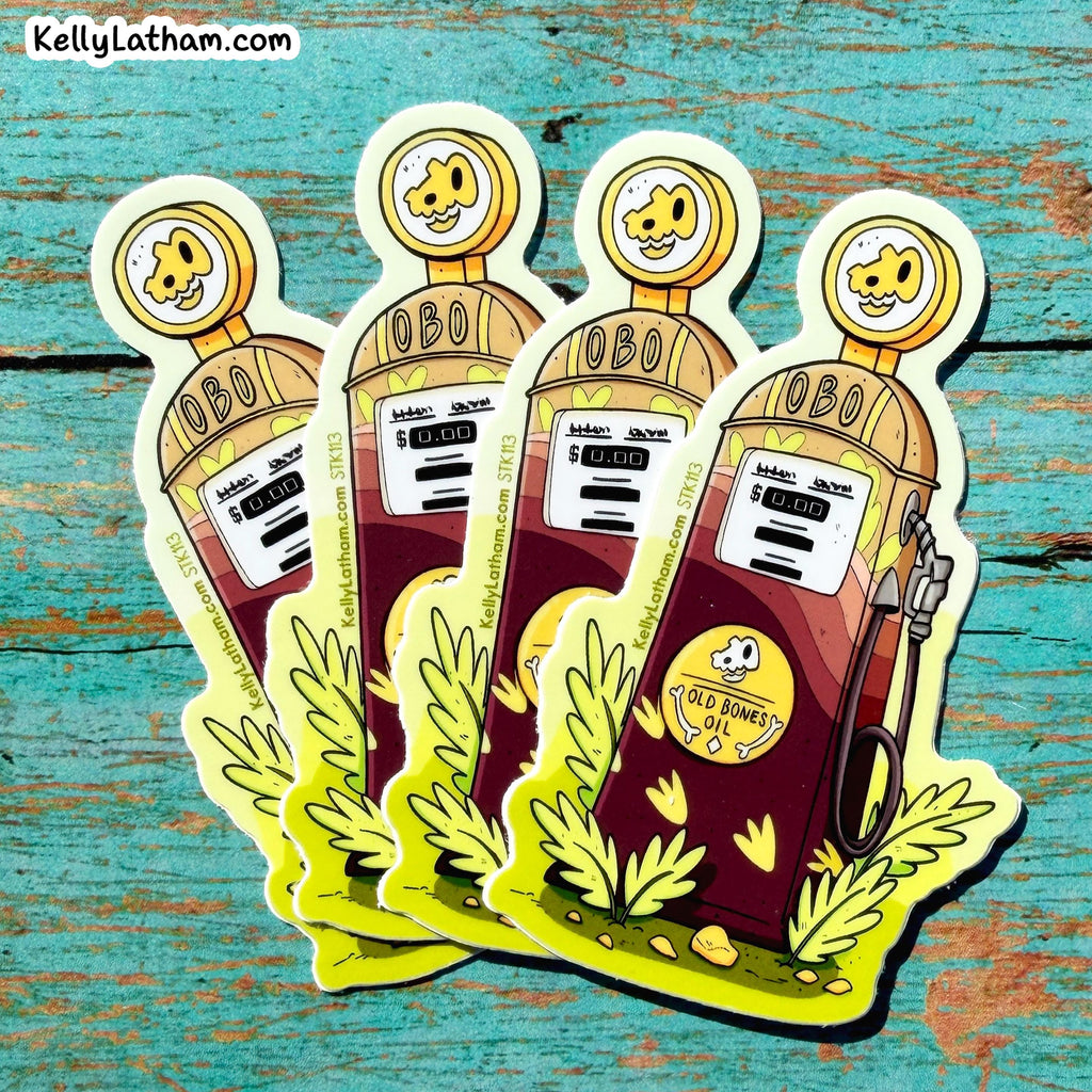 Four cartoon-style die-cut stickers of vintage gas pumps fanned out on a distressed turquoise wood background. The stickers feature a yellow cartoon face on the pump tops, dark red fuel tanks, and a bright yellow-green base with grass and heart details.