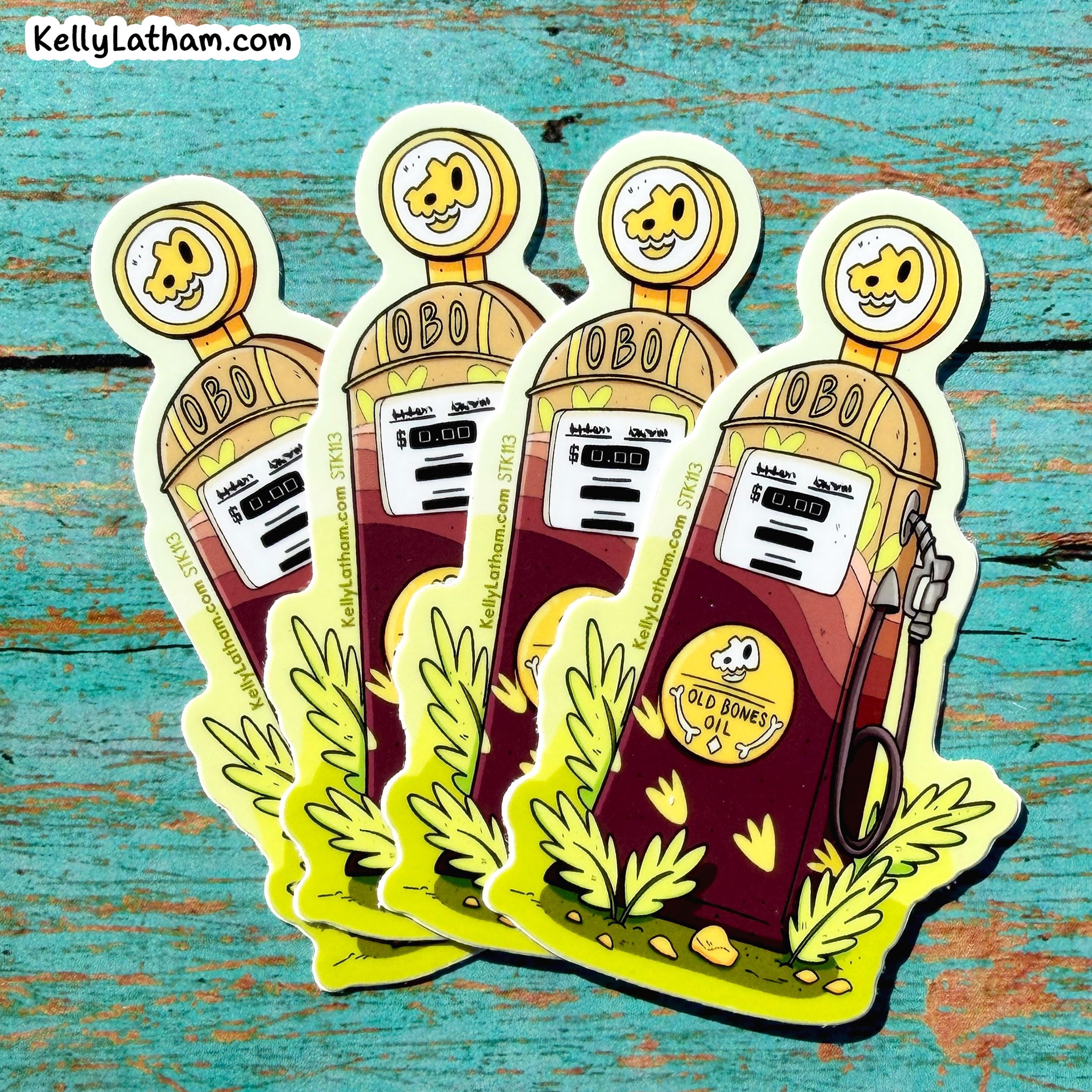 Four cartoon-style die-cut stickers of vintage gas pumps fanned out on a distressed turquoise wood background. The stickers feature a yellow cartoon face on the pump tops, dark red fuel tanks, and a bright yellow-green base with grass and heart details.
