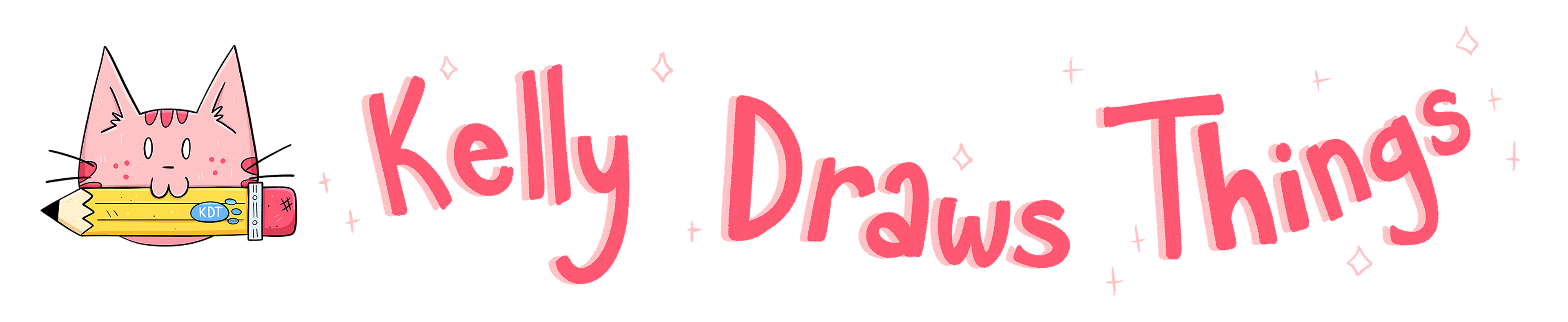 Logo with a cat character holding a pencil and the text 'Kelly Draws Things' in pink.